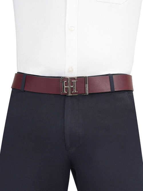 Tommy Hilfiger Men Malmo Leather Reversible Belt Wine Navy Blue (L)
