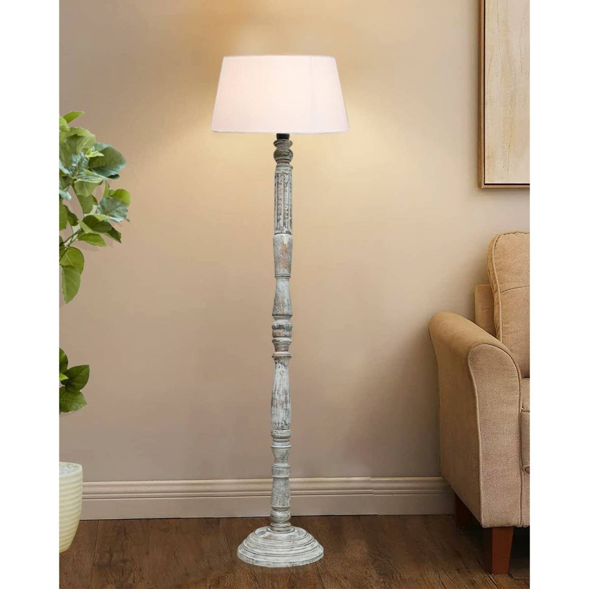 Homesake White Wood Antique Fabric Drum Shade White