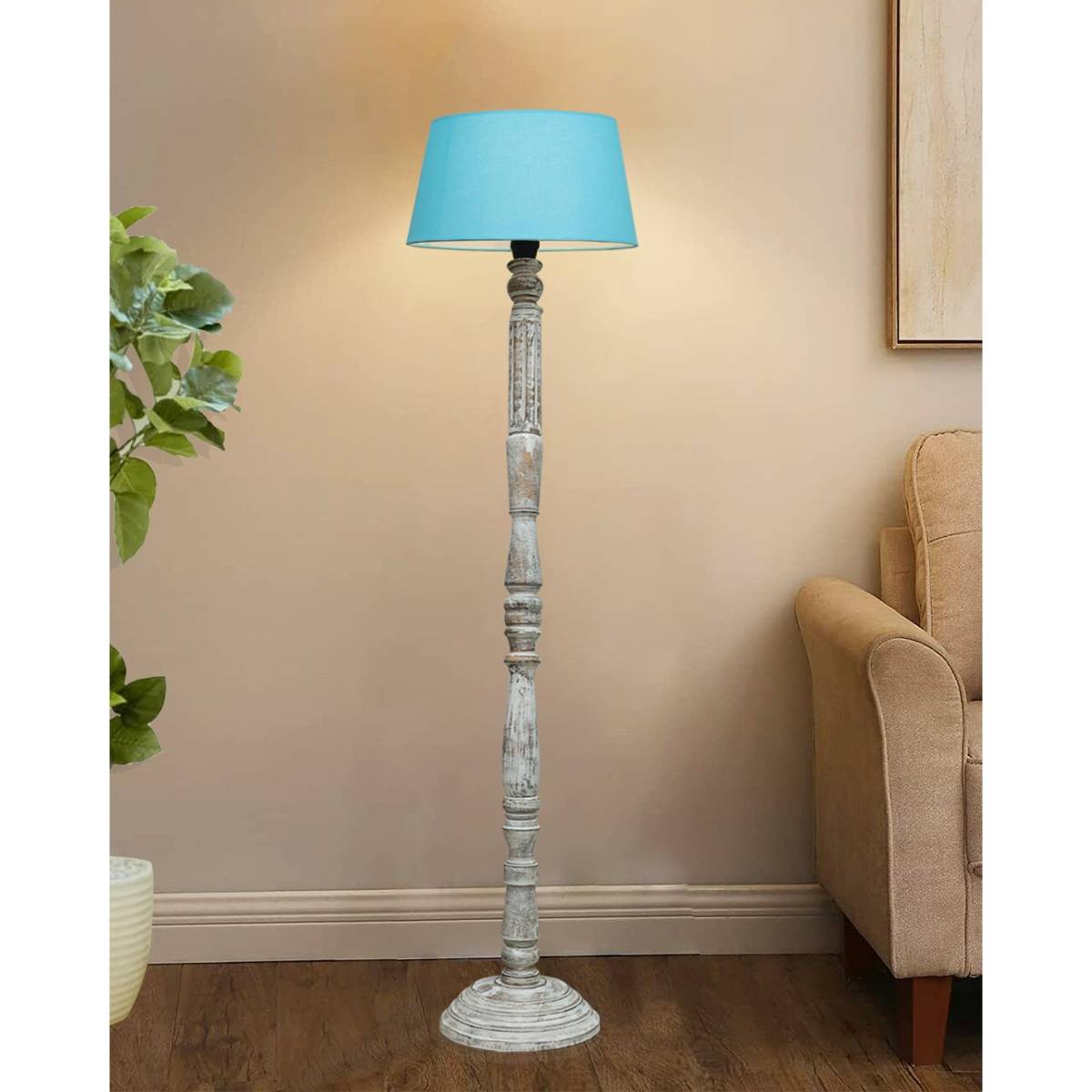 Homesake Turquoise Wood Antique Fabric Drum Shade White