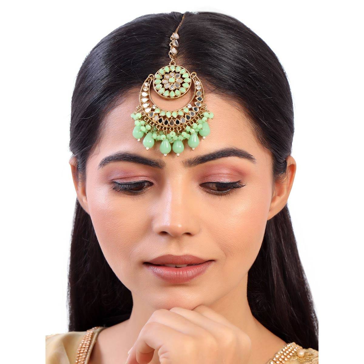 Accessher Traditional Gold Plated Chandbali Style Maangtika Handcut Mirrors & Beads