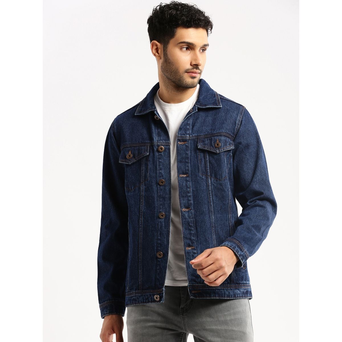 SHOWOFF Men s Spread Collar Long Sleeves Navy Blue Solid Denim Jacket