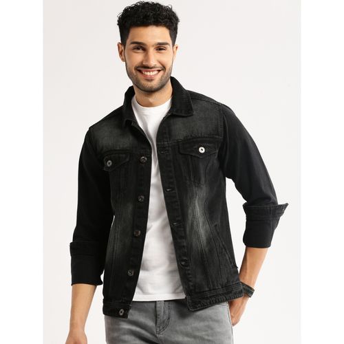 SHOWOFF Men's Spread Collar Long Sleeves Charcoal Solid Denim Jacket