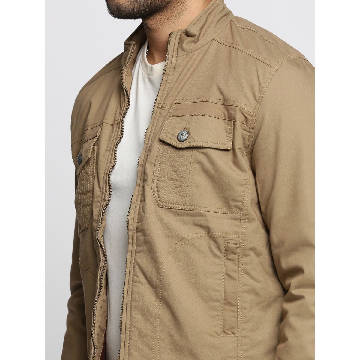 Buy SHOWOFF Men's Mock Collar Long Sleeves Khaki Solid Tailored