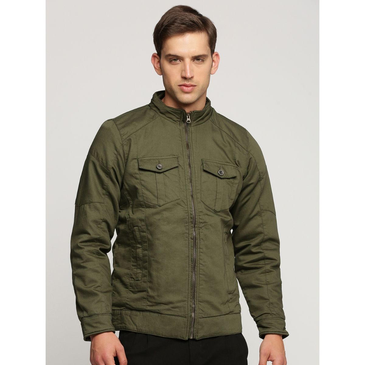 Buy SHOWOFF Men's Mock Collar Long Sleeves Olive Solid Tailored