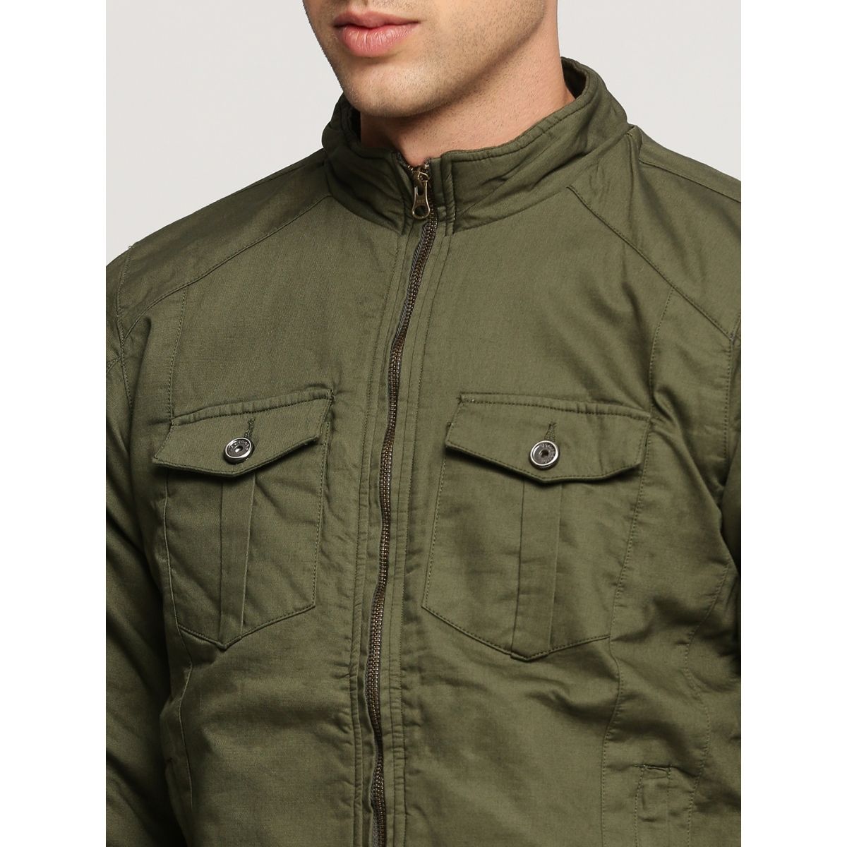 Buy SHOWOFF Men's Mock Collar Long Sleeves Olive Solid Tailored