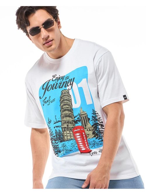 Bewakoof Mens White Journey Graphic Oversized T-Shirt