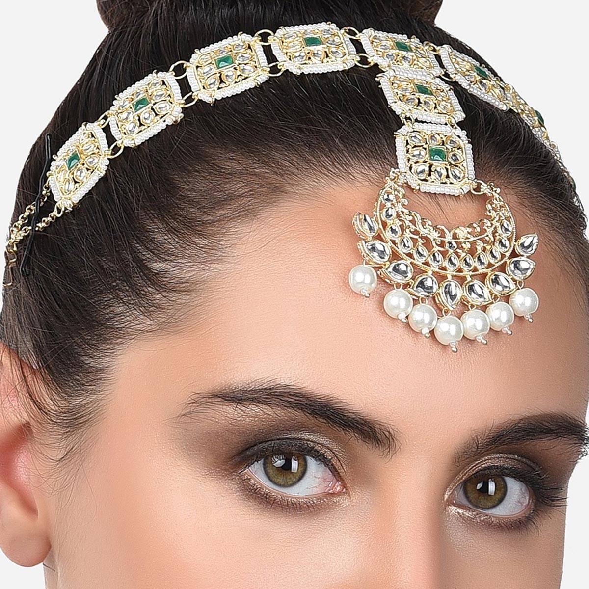 Zaveri Pearls Green Stones & Pearls Bridal Kundan Head Chain-ZPFK14421