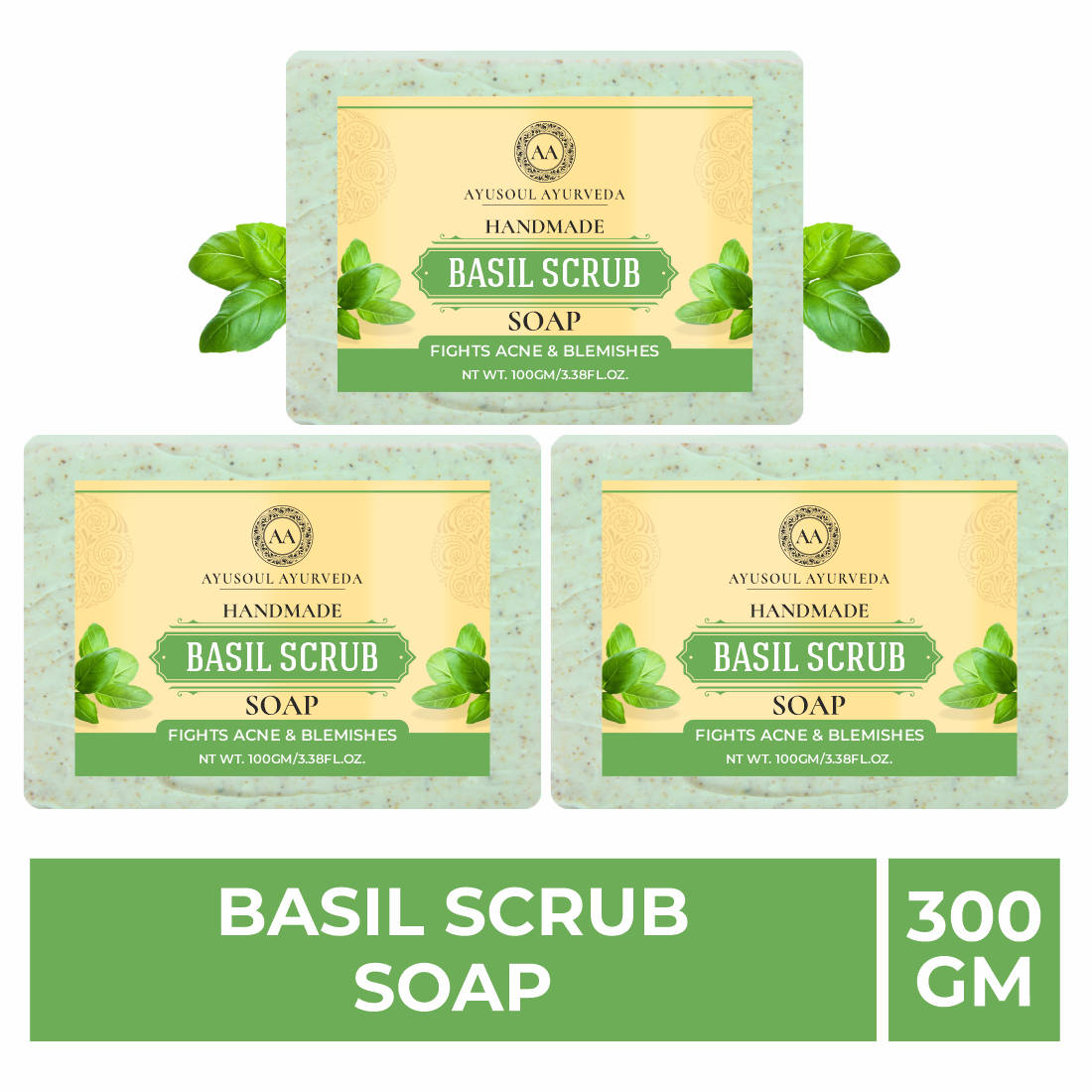 Ayusoul Ayurveda Handmade Basil Scrub Bath Soap (Pack of 3)