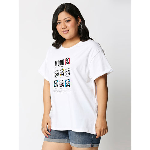 Bewakoof Women's White Mood of the Day Panda Graphic Printed Plus Size  Boyfriend T-shirt (5XL)