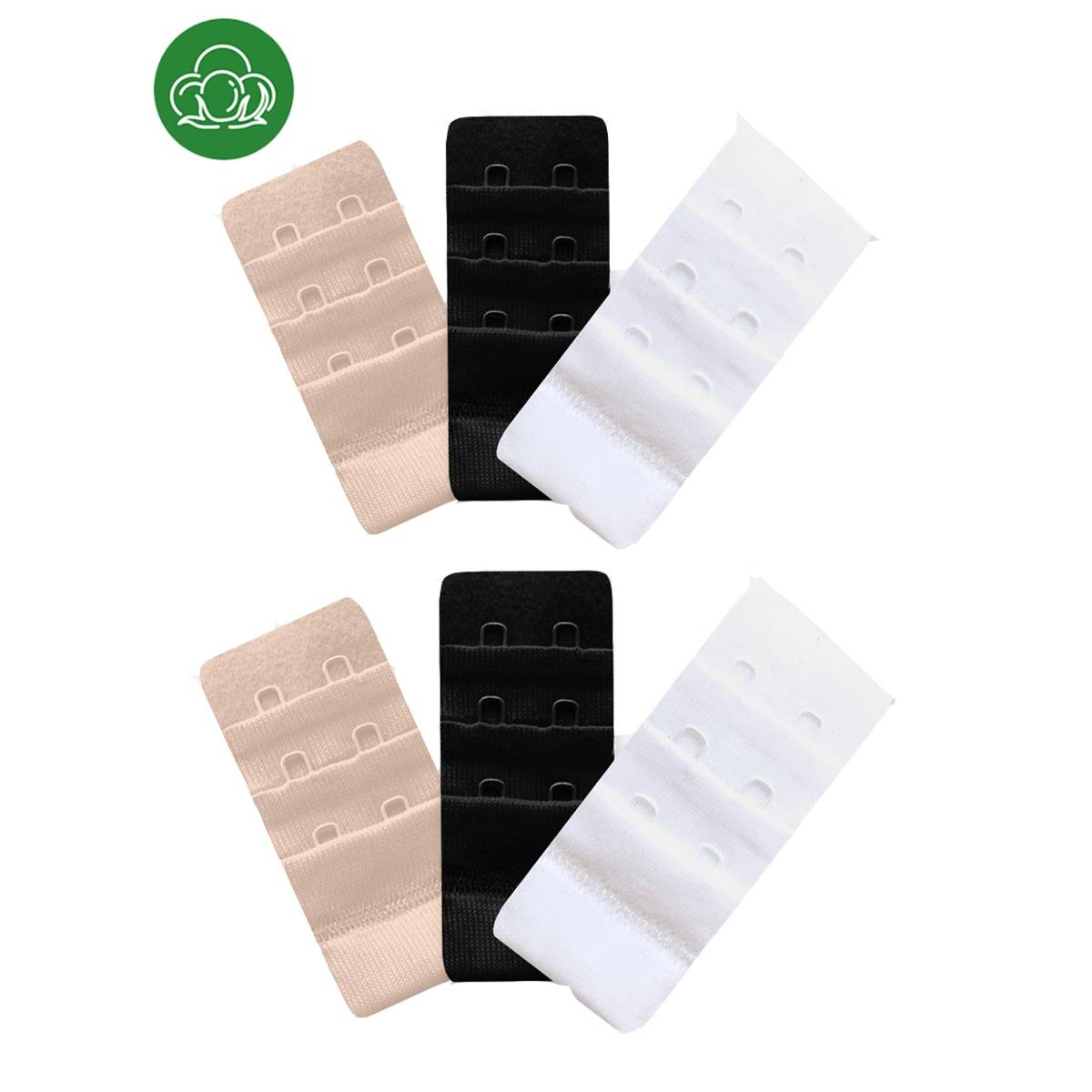 Inner Sense 2 Hook and Eye Bra Extenders- Black Skin White (Pack of 6)