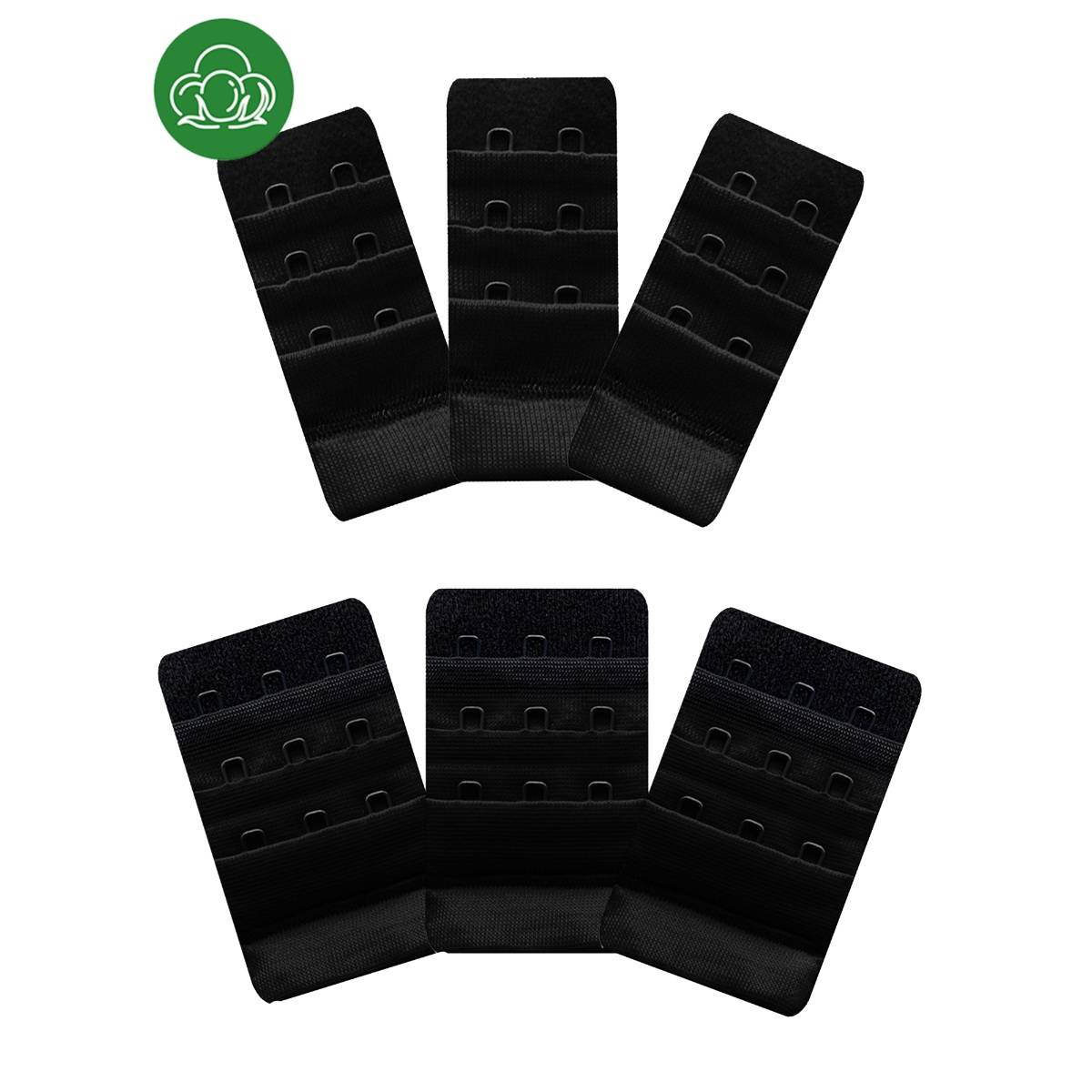 Inner Sense 2 and 3 Hook and Eye Bra Extenders-Black (Pack of 6)