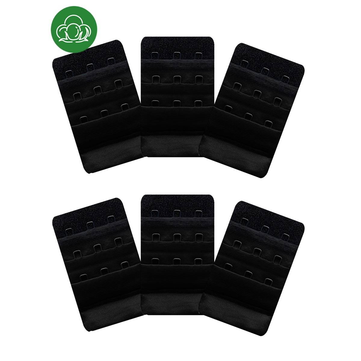 Inner Sense 3 Hook and Eye Bra Extenders-Black (Pack of 6)