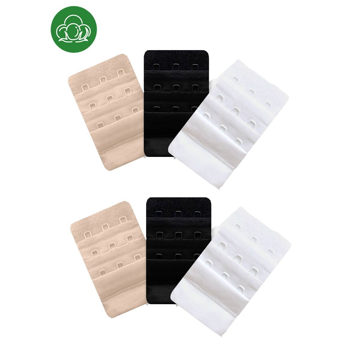 Inner Sense 3 Hook and Eye Bra Extenders- Black Skin White (Pack of 6)