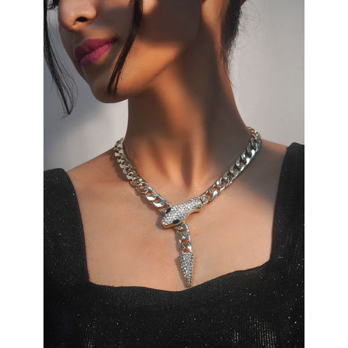 Niscka Silver Rhodium Plated Stainless Steel American Diamonds Snake Chain  Necklace