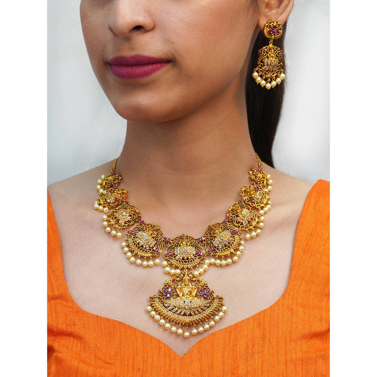 Niscka 18k Gold Plated CZ Goddess Laxmi Temple Traditional Necklace & Earring Set