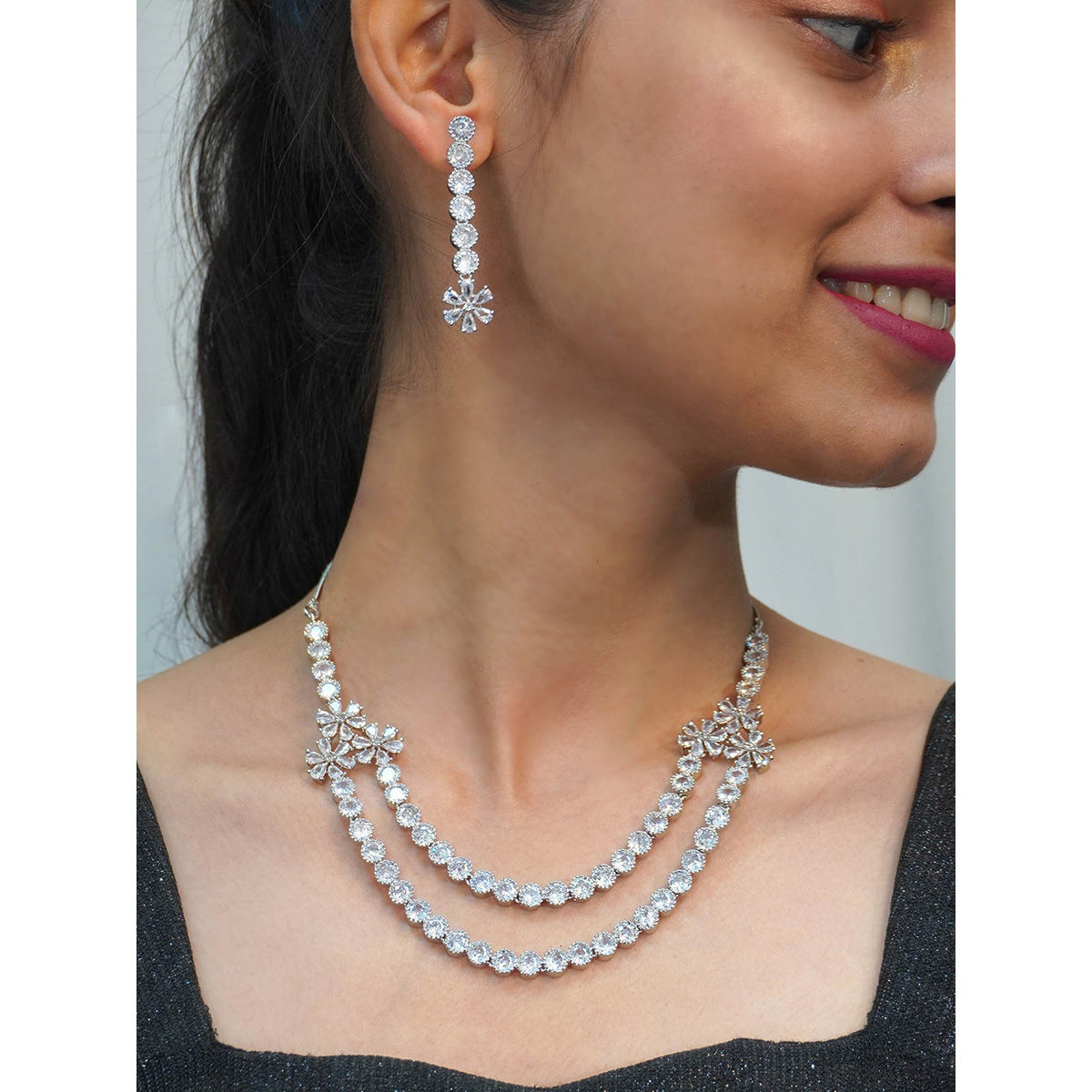 5-Layer Diamond and Stone Long Necklace Set with Matching Earrings –  sagunittujewel
