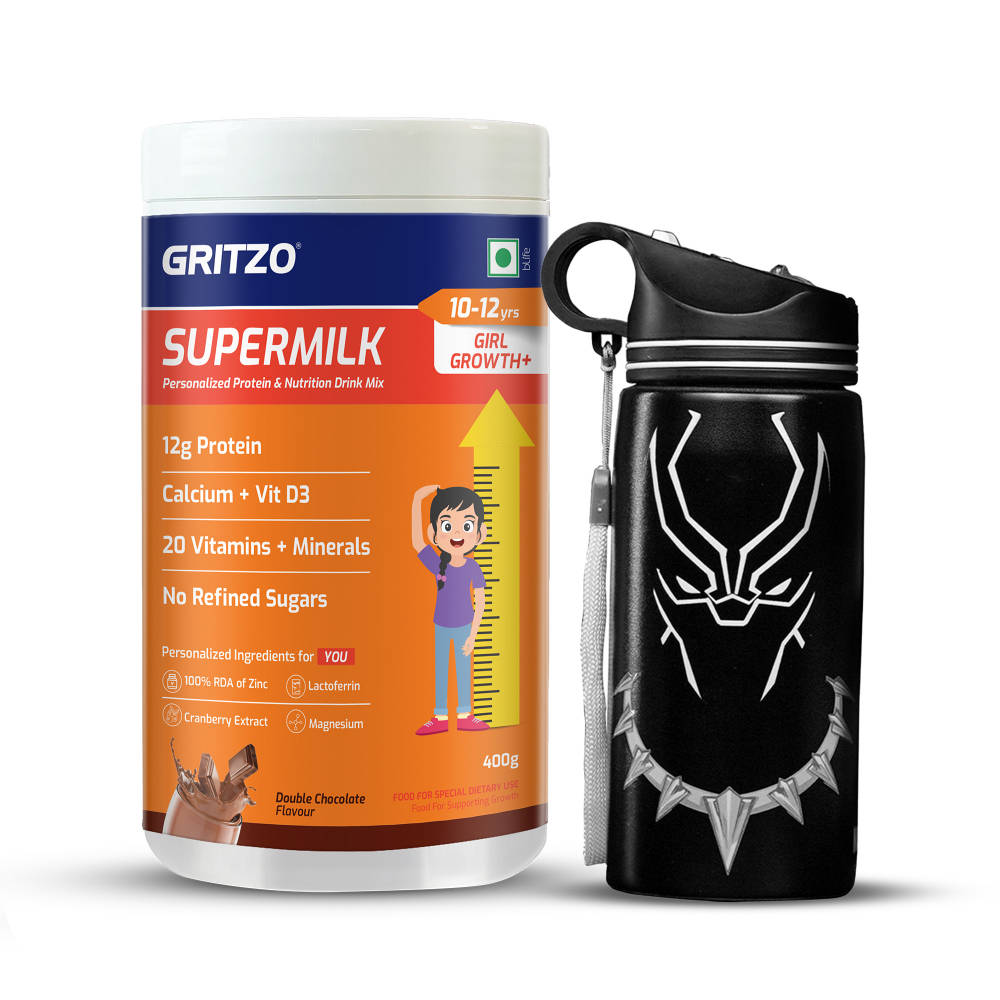 Gritzo Supermilk Growth+ Double Chocolate For 10 -12Y Girls With Black Panther Sipper