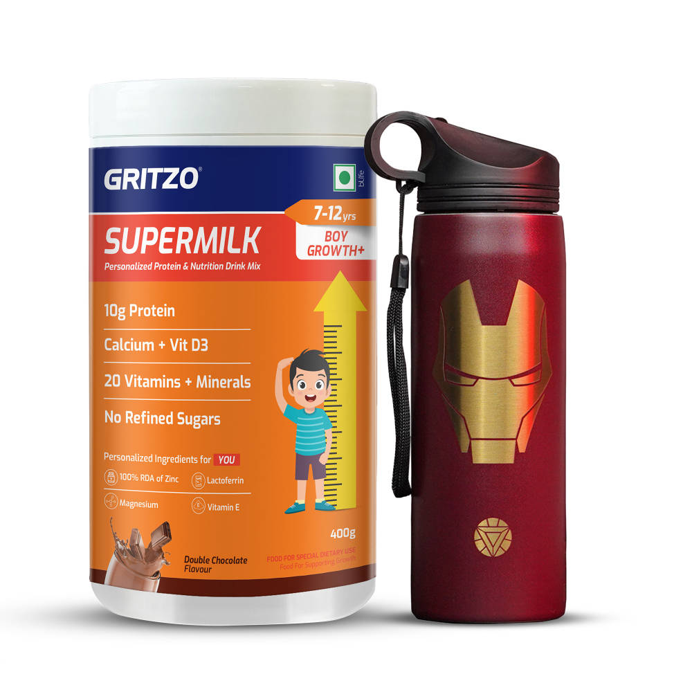 Gritzo Supermilk Growth+, 10G Protein Double Chocolate 7 -12Y Boys With Ironman Sipper