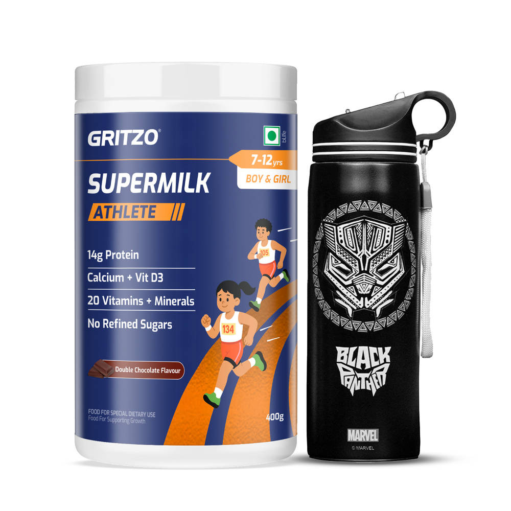 Gritzo Supermilk Athlete, 14G Protein Double Chocolate For 7 -12Y With Black Panther Sipper