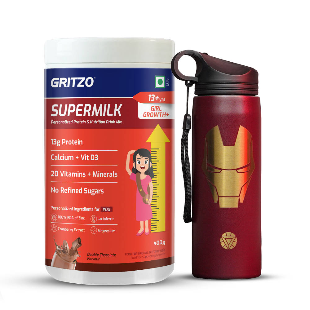 Gritzo Supermilk Growth+ Protein Double Chocolate For 13+Y Girls With Ironman Sipper