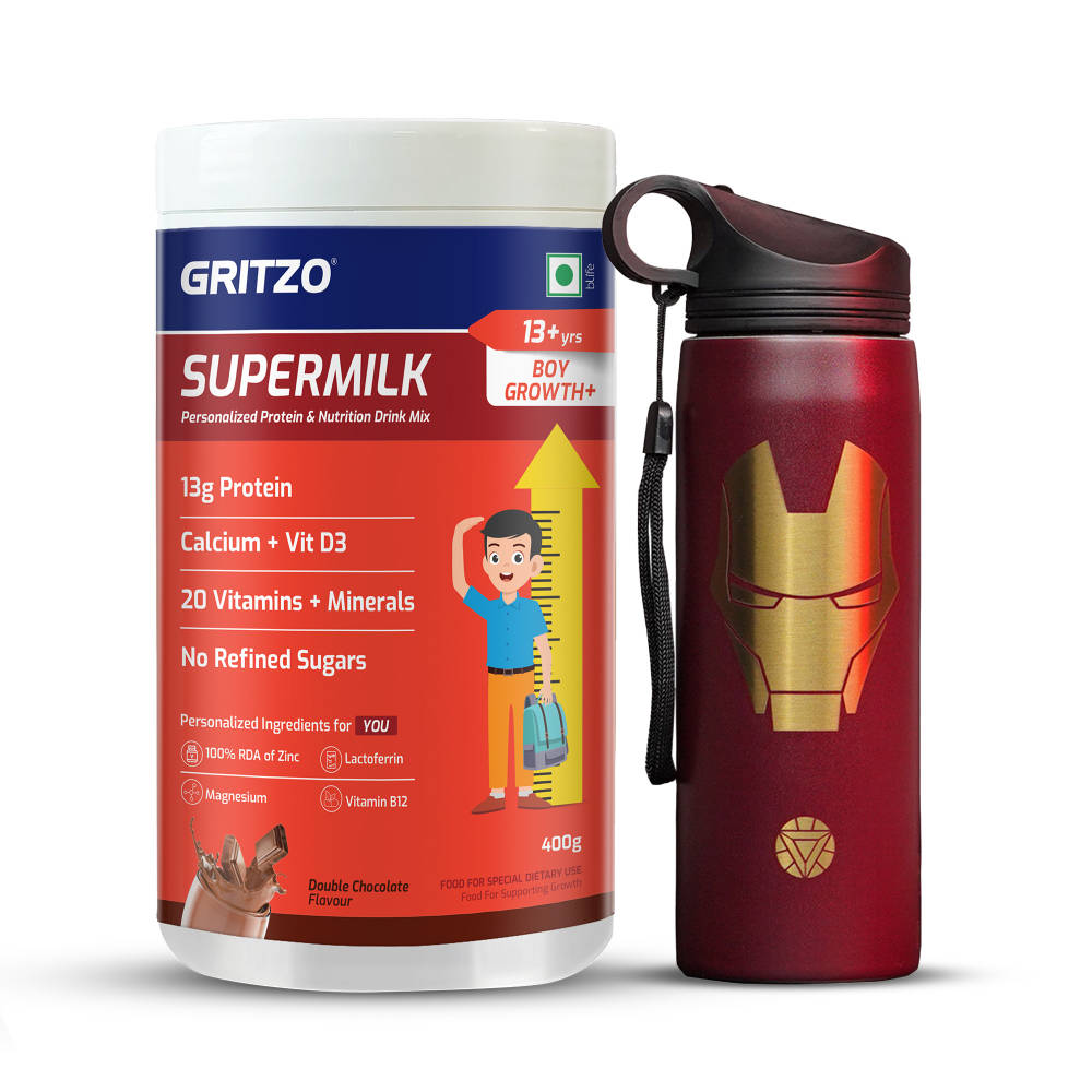 Gritzo Supermilk Growth+, 13G Protein Double Chocolate For 13+Y Boys With Ironman Sipper
