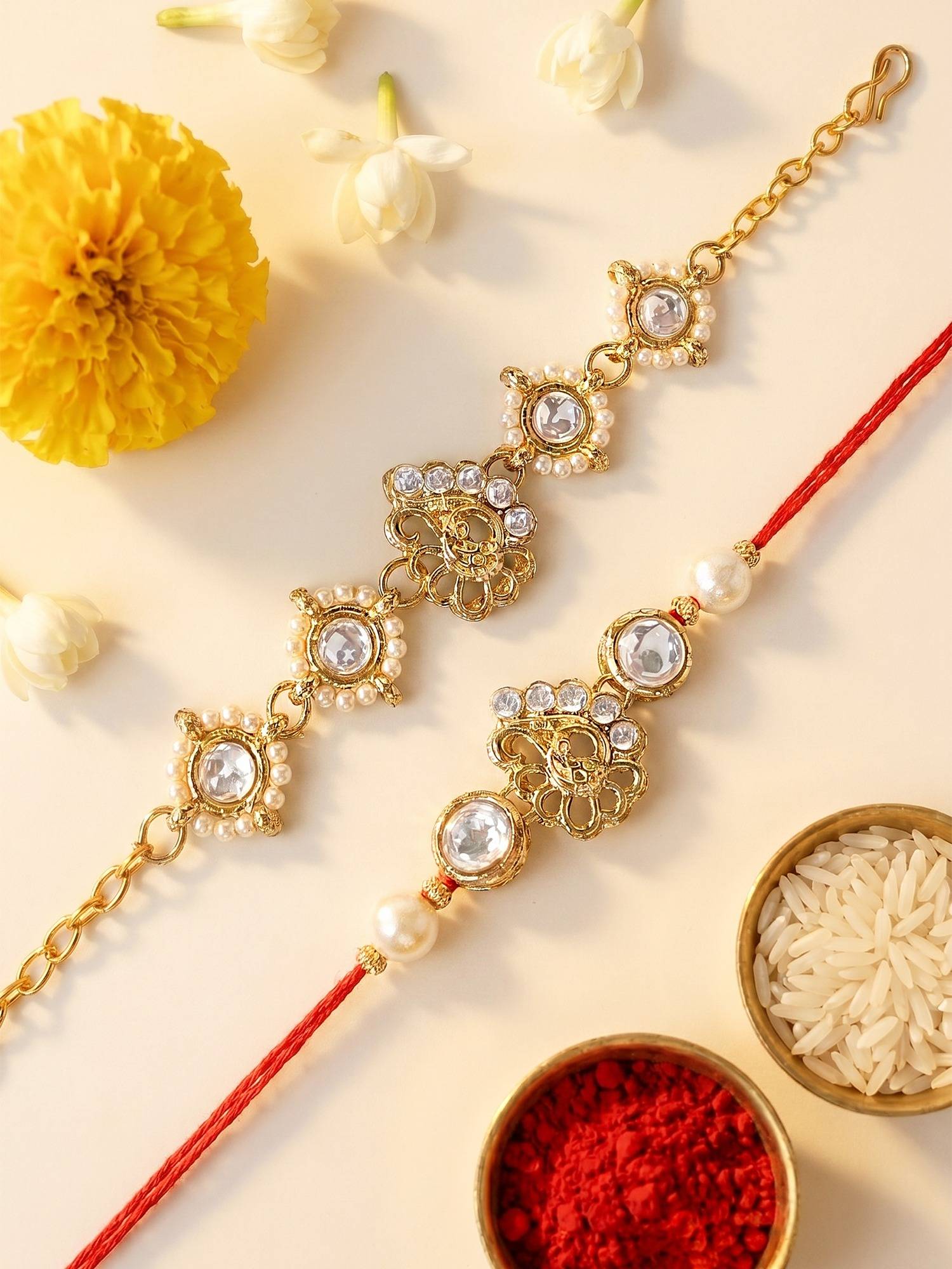 Karatcart Gold Plated Peacock Design Kundan Bhaiya Bhabhi Rakhi Combo