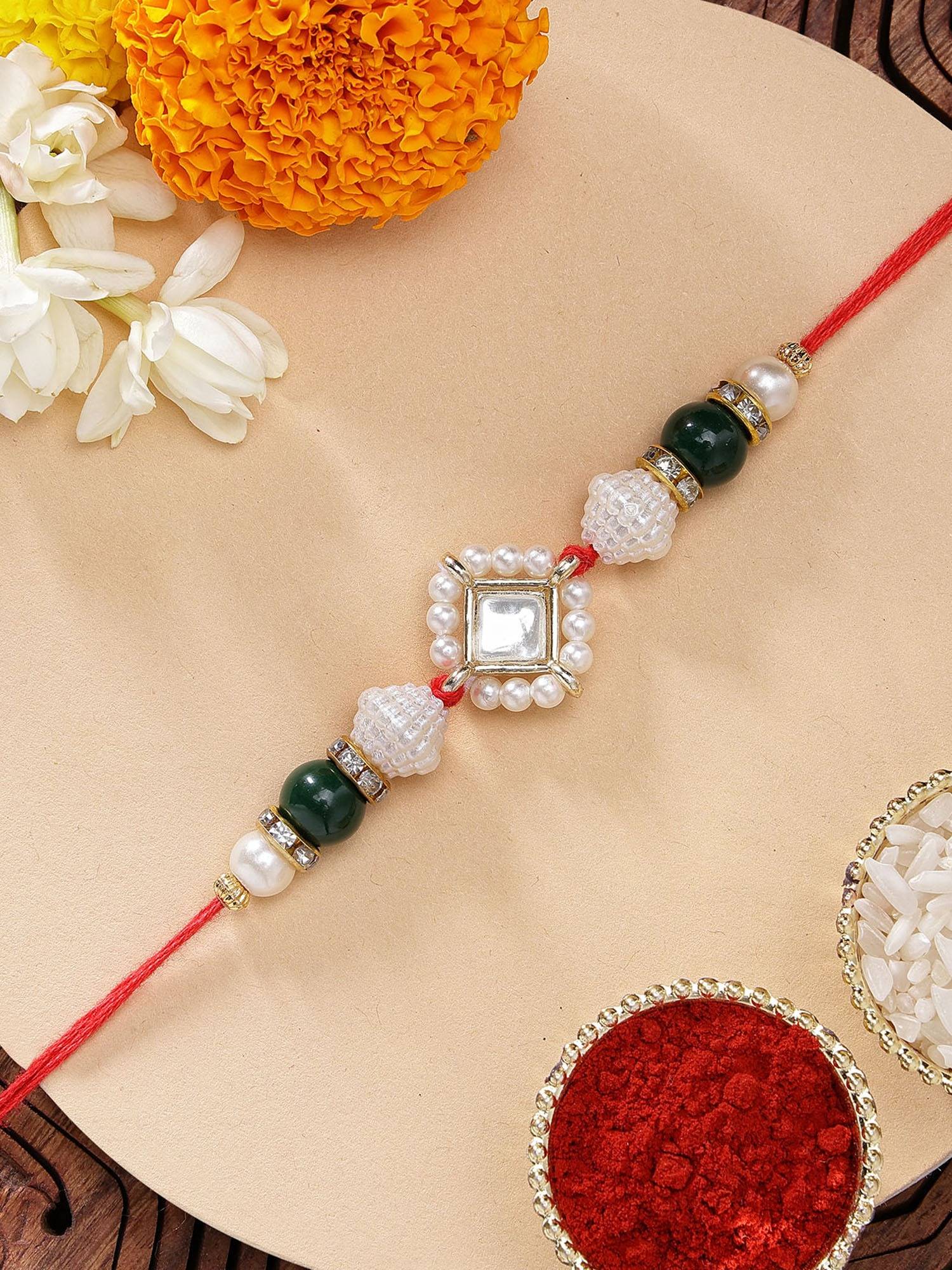 Karatcart Classic Plated Beads Kundan Rakhi with Roli Chawal