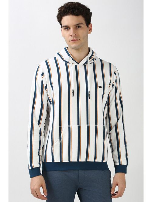Buy Peter England Men White Stripe Hooded Neck Hoodie Online - Main Image