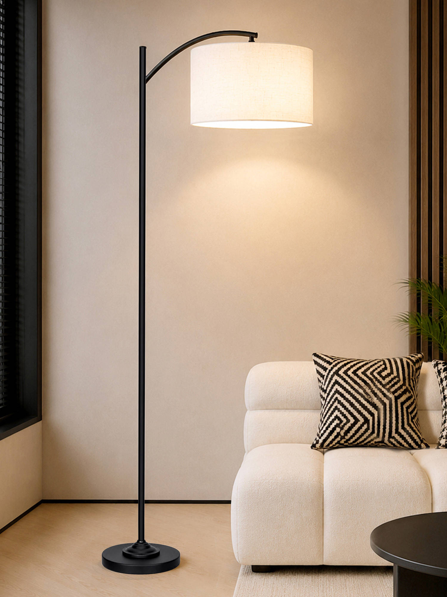 Homesake Modern Standing Lamp With Linen Fabric Shade And Black Metal Frame Khadi