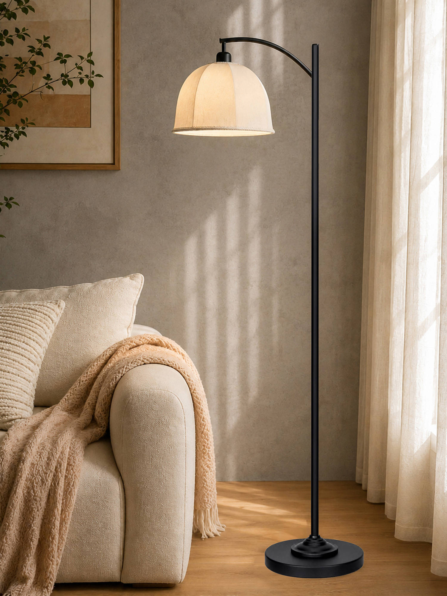 Homesake Modern Standing Lamp With Linen Fabric Shade And Black Metal Frame Dome Fabric Shade