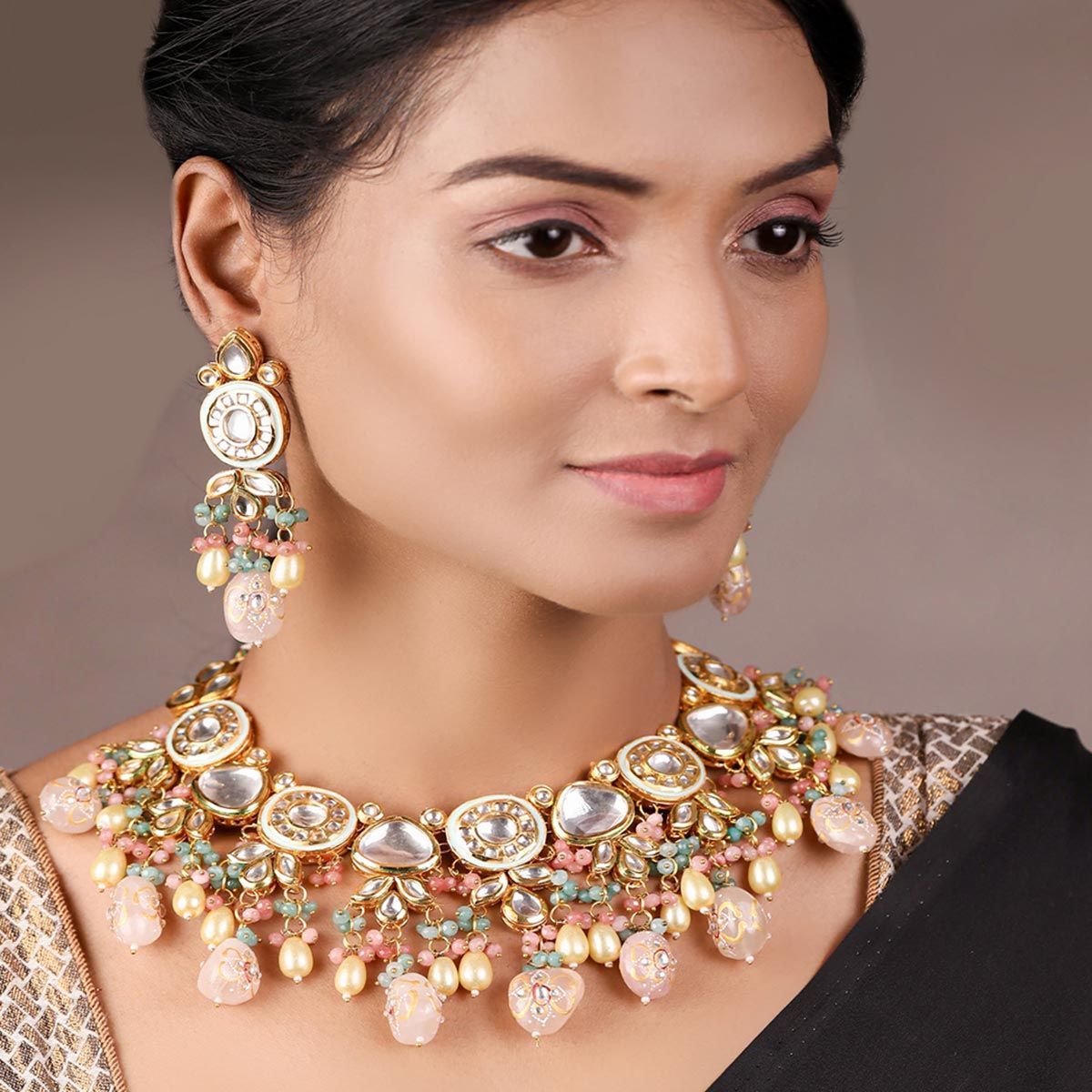 Priyaasi Multi-Color Beads Pearls Kundan Gold Plated Choker Set
