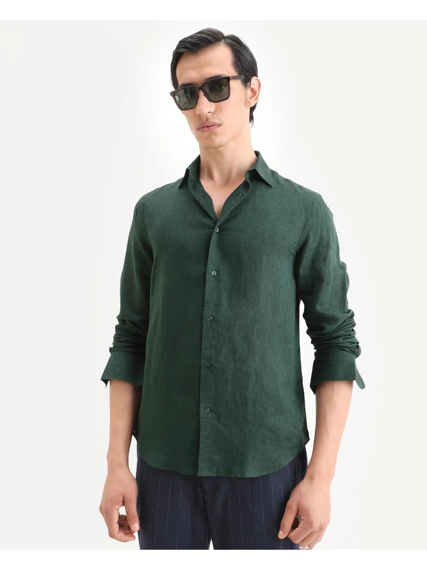 Buy Rare Rabbit Men's Linex Ls Dark Green Linen Blend Fabric