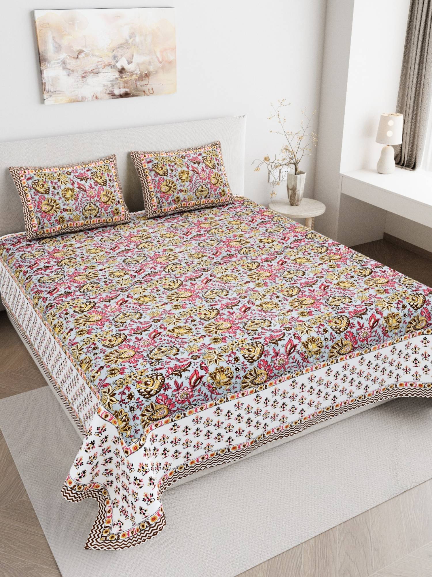 JAIPUR FABRIC 180 TC Pure Cotton Floral Peach Flat Double Bedsheet With 2 Pillow Covers (Double)