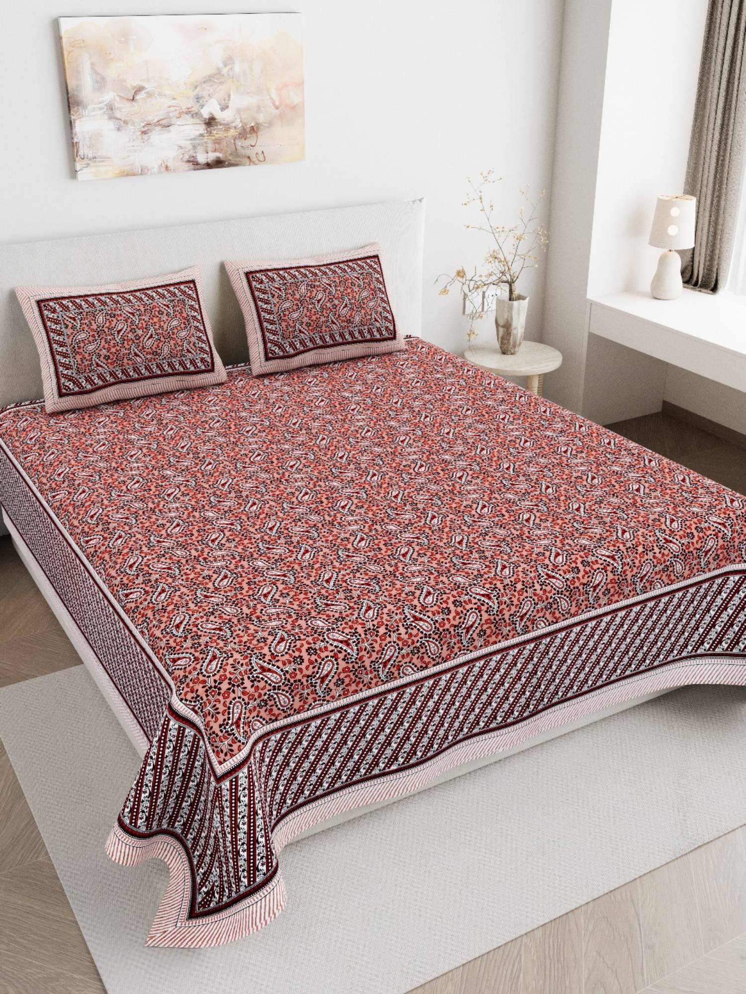 JAIPUR FABRIC 180 TC Pure Cotton Floral Brown Flat Double Bedsheet With 2 Pillow Covers (Double)