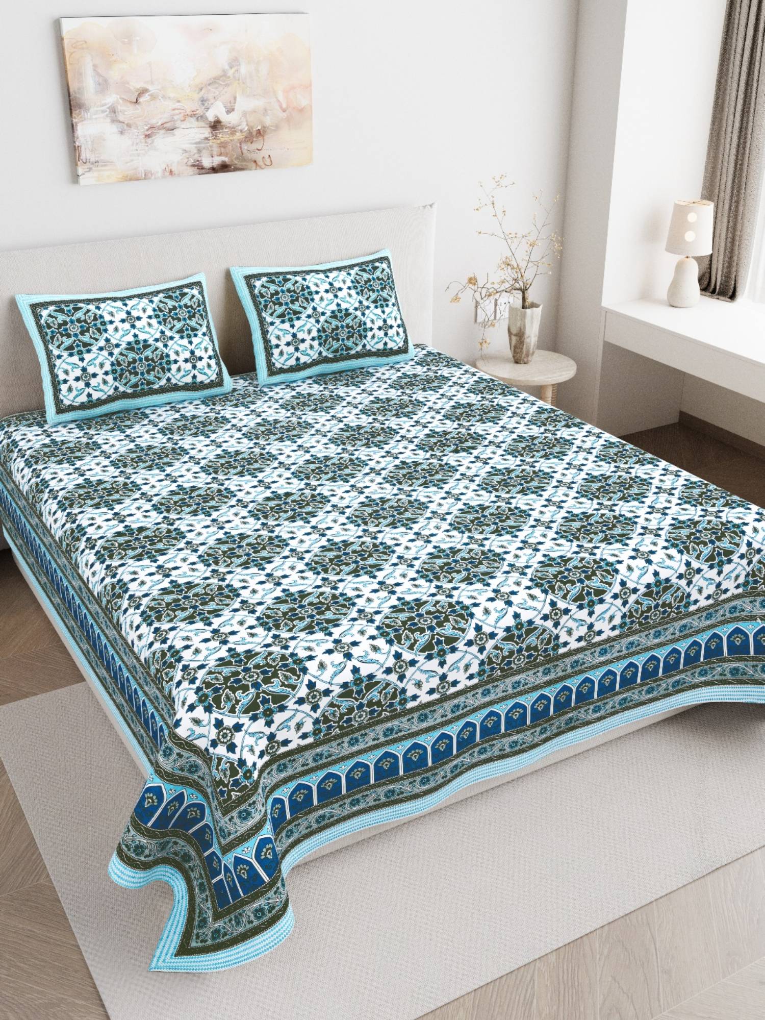 JAIPUR FABRIC 180 TC Pure Cotton Floral Blue Flat Double Bedsheet With 2 Pillow Covers (Double)