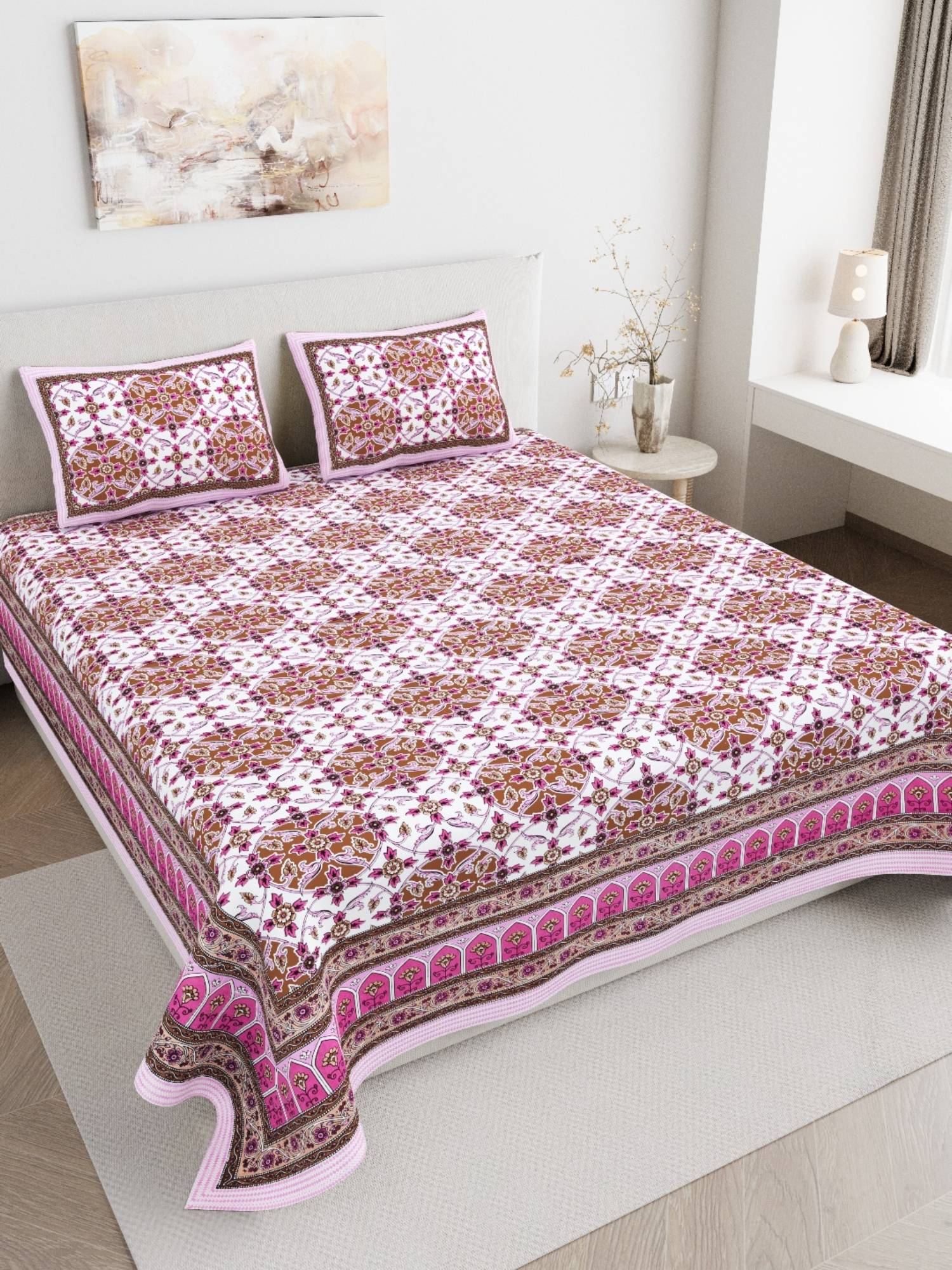 JAIPUR FABRIC 180 TC Pure Cotton Floral Pink Flat Double Bedsheet With 2 Pillow Covers (Double)