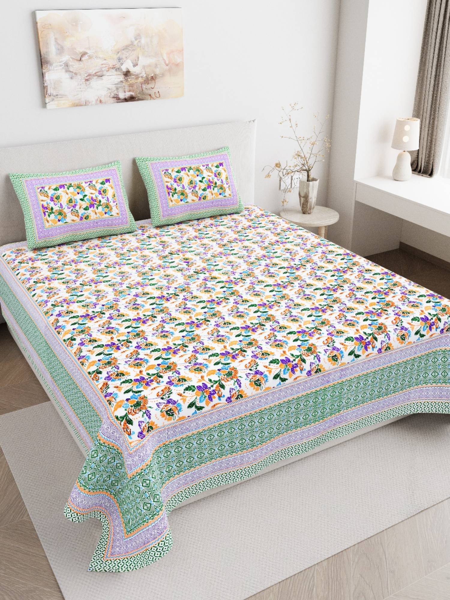JAIPUR FABRIC 180 TC Pure Cotton Floral Green Flat Double Bedsheet With 2 Pillow Covers (Double)