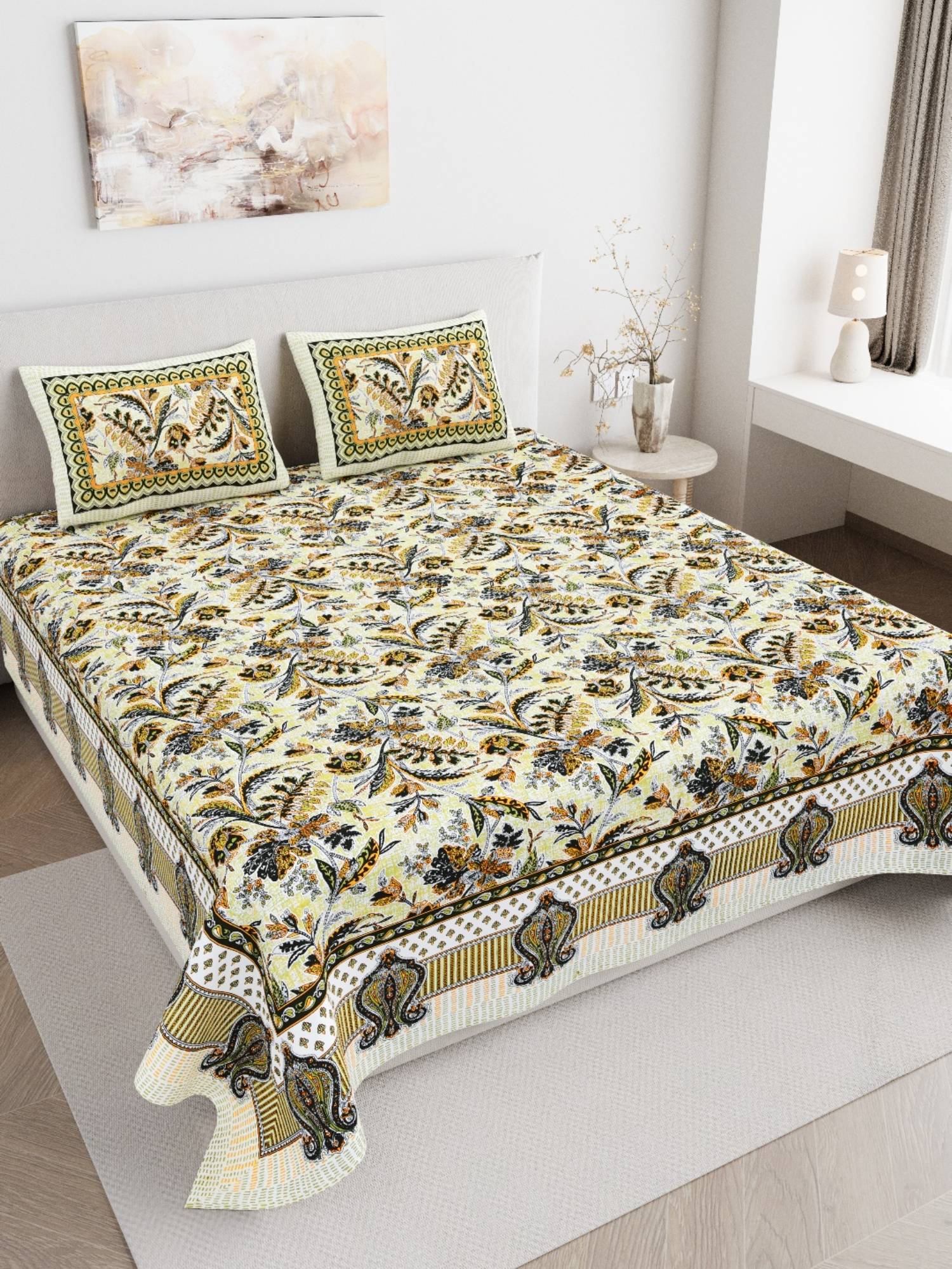 JAIPUR FABRIC 180 TC Pure Cotton Floral Brown Flat Double Bedsheet With 2 Pillow Covers (Double)