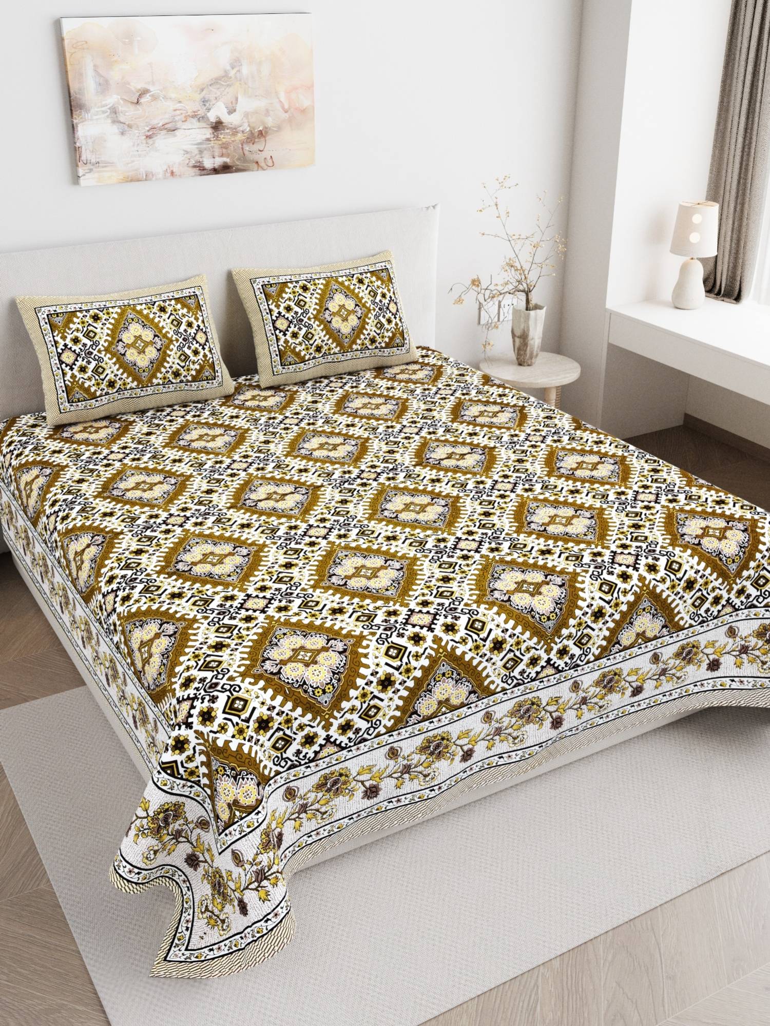 JAIPUR FABRIC 180 TC Pure Cotton Floral Green Flat Double Bedsheet With 2 Pillow Covers (Double)