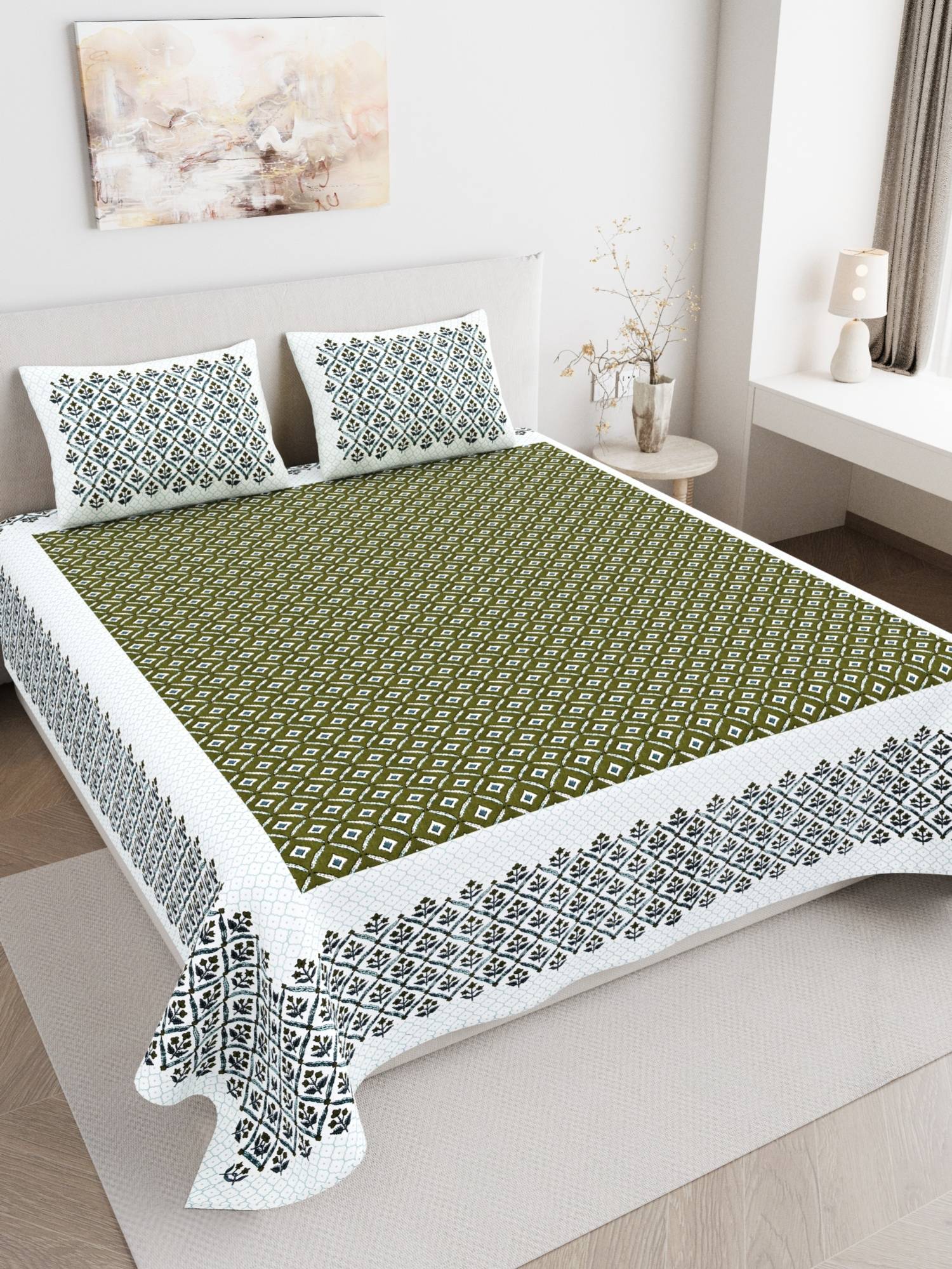 JAIPUR FABRIC 180 TC Pure Cotton Floral Green Flat Double Bedsheet With 2 Pillow Covers (Double)