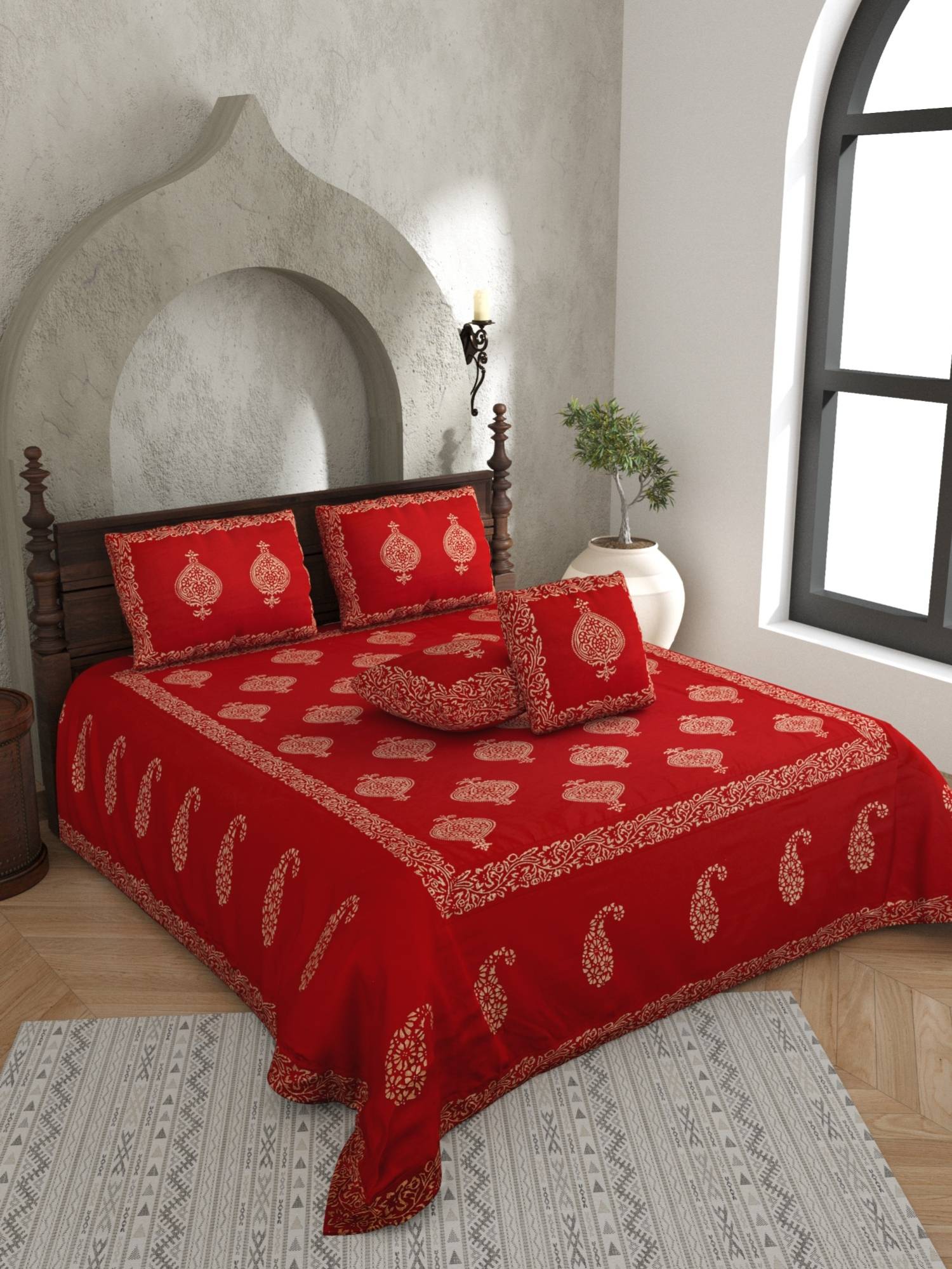 JAIPUR FABRIC Actual Silk Hand Block Flat Double Bedsheet With Pillow Covers (Double)