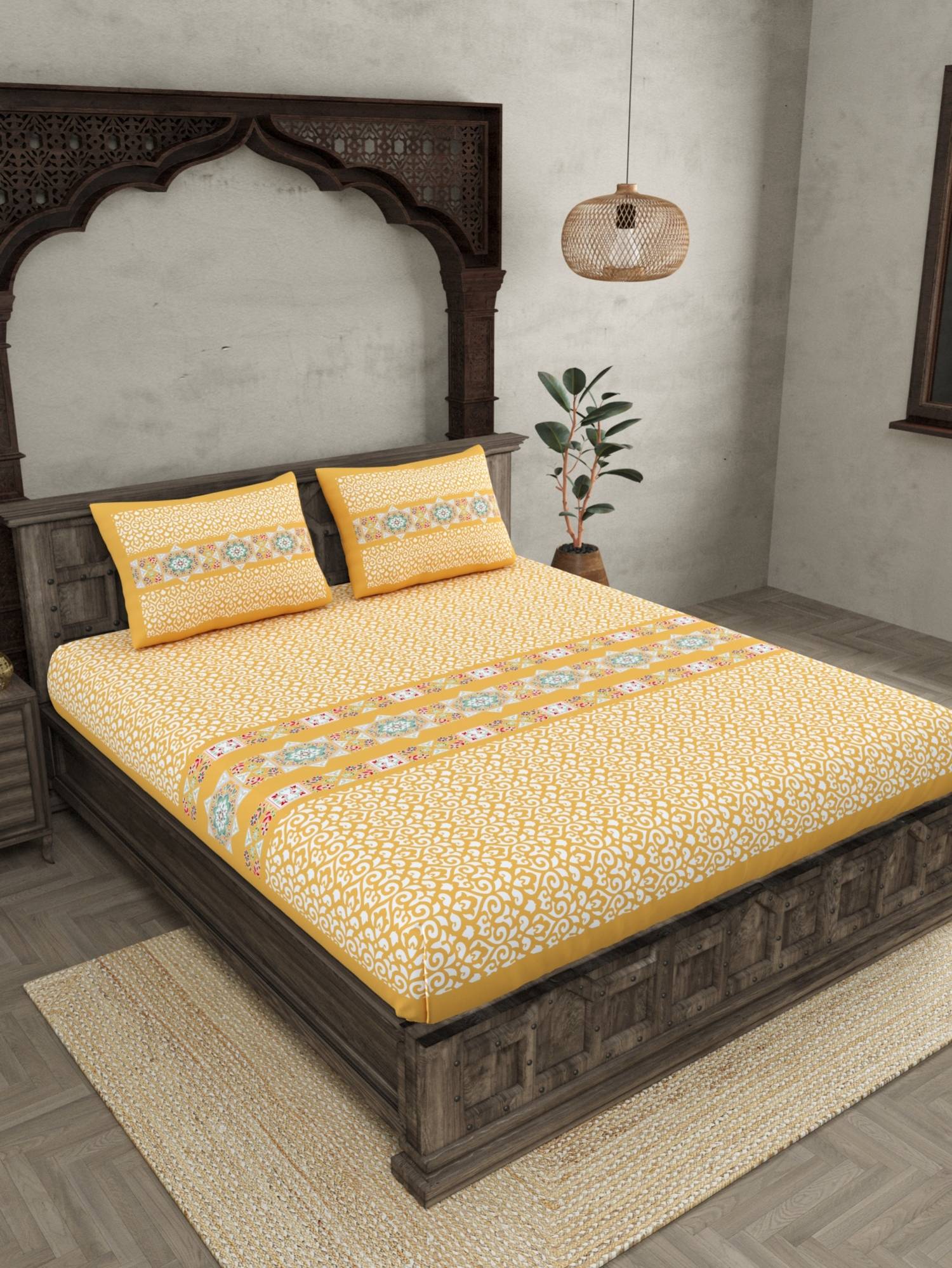 JAIPUR FABRIC Yellow Ethnic Motifs Cotton Fited Double King Bedsheet With 2 Pillow Cover (King)