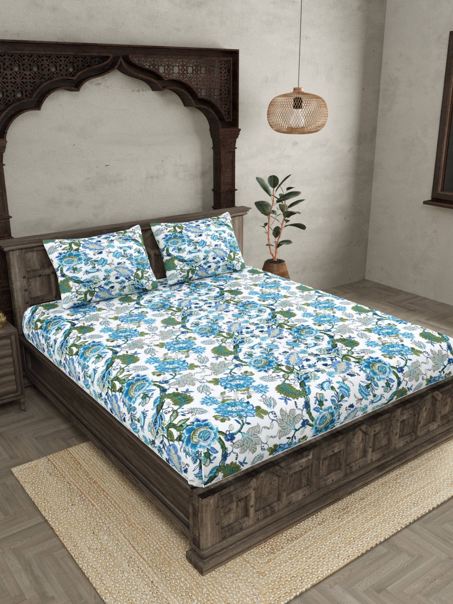 JAIPUR FABRIC Ethnic Motifs Cotton Fited Double King Bedsheet With 2 Pillow Cover (King)