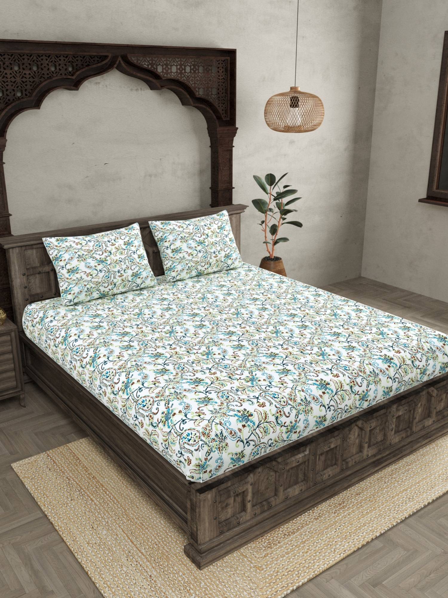 JAIPUR FABRIC Ethnic Motifs Cotton Fited Double King Bedsheet With 2 Pillow Cover (King)