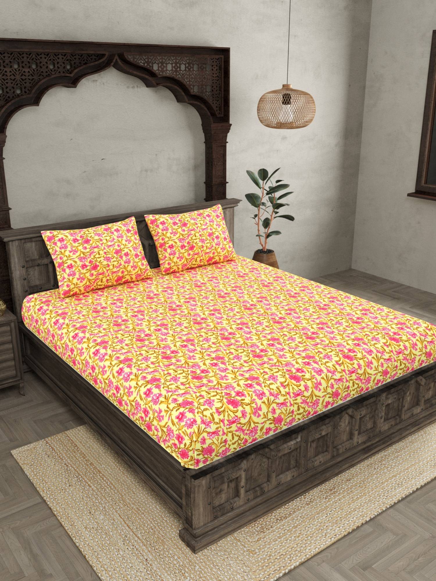 JAIPUR FABRIC Ethnic Motifs Cotton Fited Double King Bedsheet With 2 Pillow Cover (King)