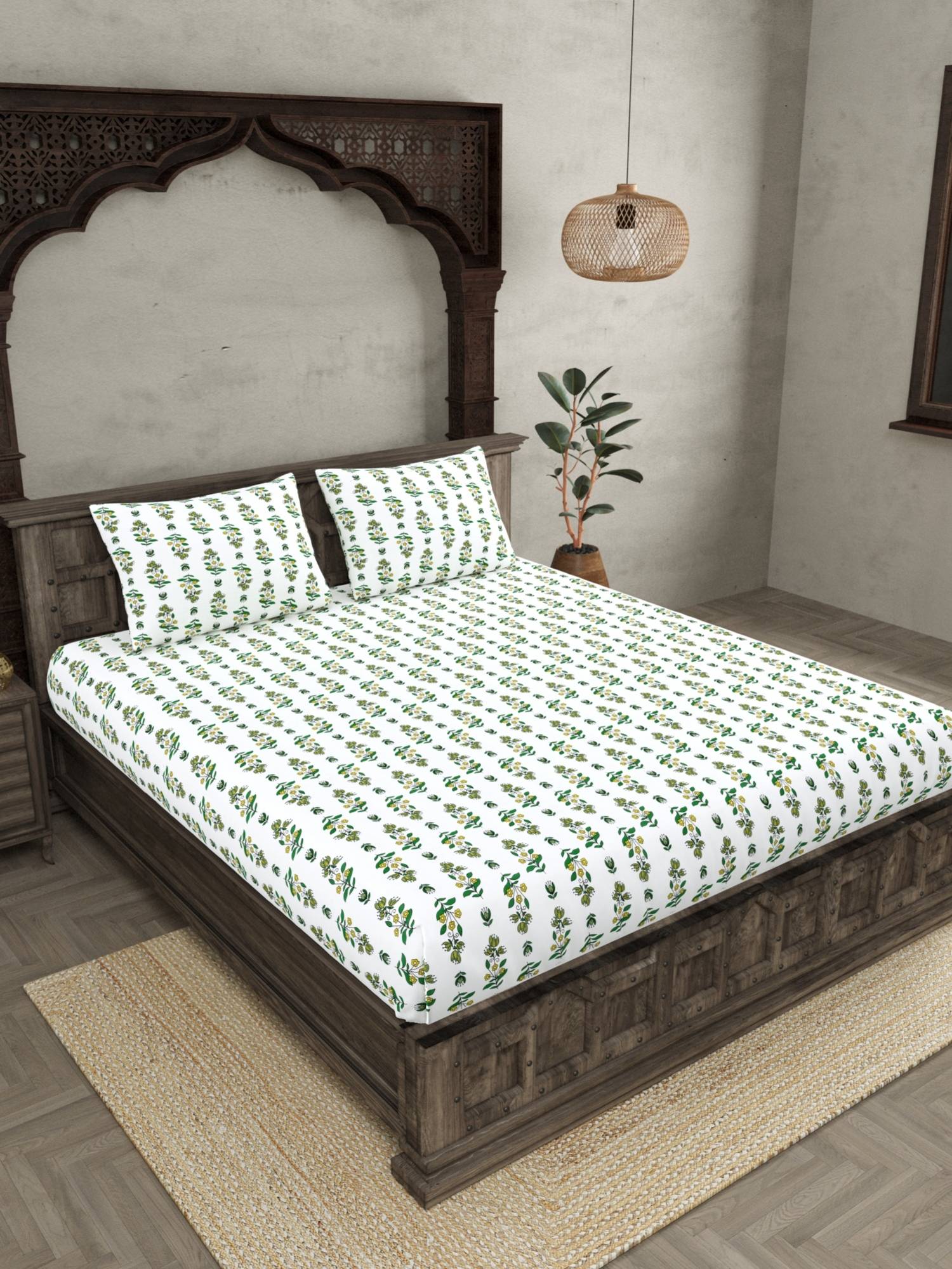 JAIPUR FABRIC Ethnic Motifs Cotton Fited Double King Bedsheet With 2 Pillow Cover (King)