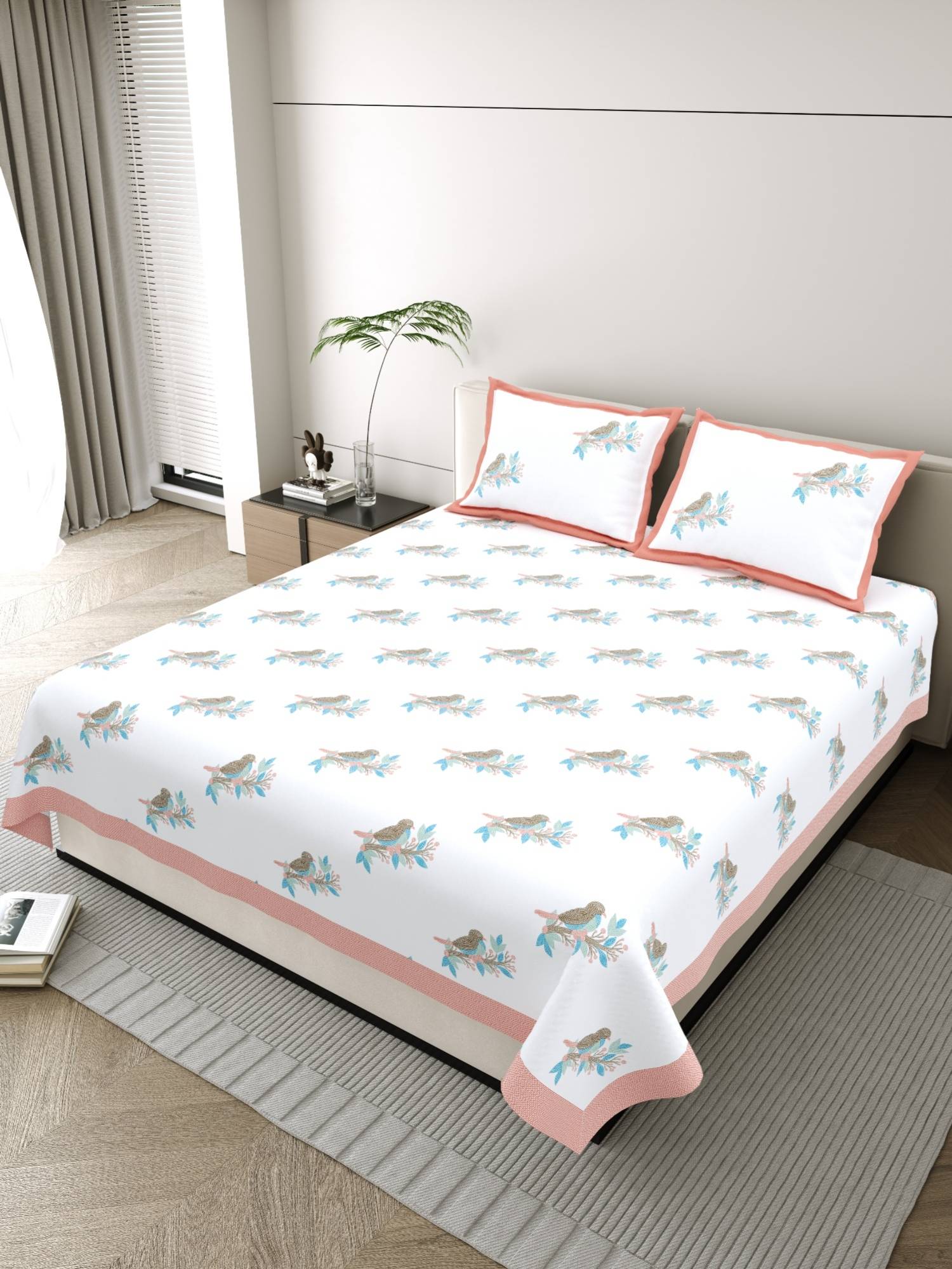 JAIPUR FABRIC Pure Cotton Hand Block White Flat King Bedsheet With 2 Pillow Covers (King)