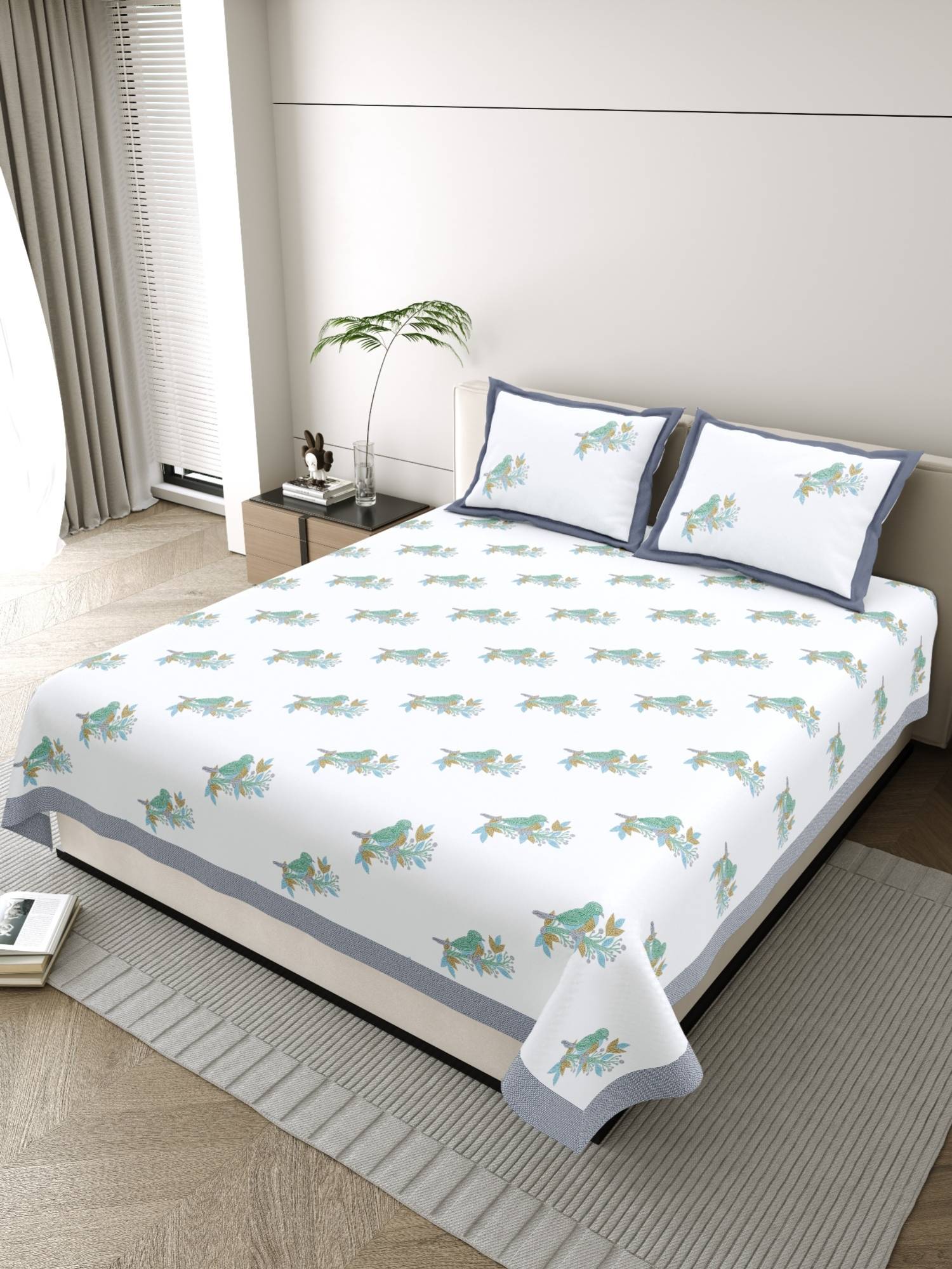 JAIPUR FABRIC Pure Cotton Hand Block White Flat King Bedsheet With 2 Pillow Covers (King)