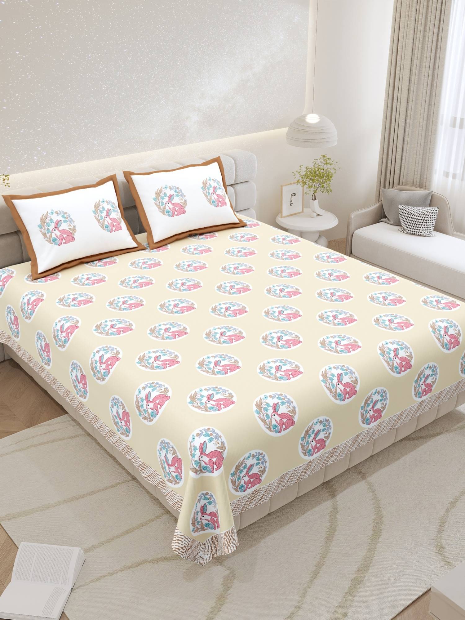 JAIPUR FABRIC Pure Cotton Hand Block Beige Flat King Bedsheet With 2 Pillow Covers (King)