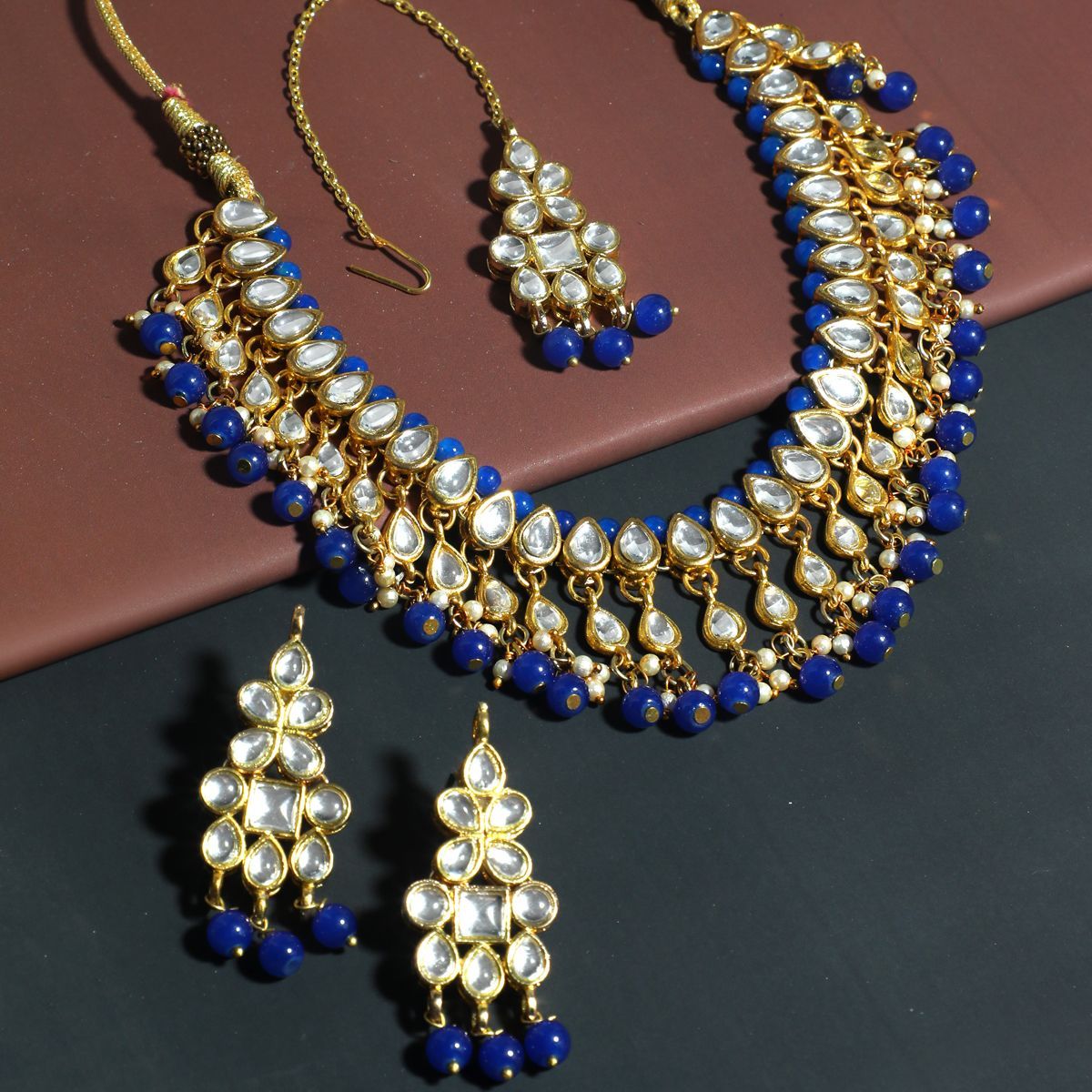 Navy Blue Alloy Artificial Stone Necklace Set With Earrings and Maang Tikka  254218